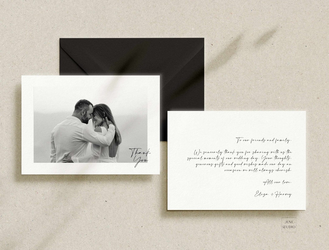 Minimalist Wedding Photo Thank You Card Template: Modern Script ...