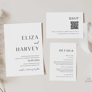 Wedding Invitation QR Code Rsvp, Minimalist Modern Wedding Invite Suite, Minimal Invite, Simple Editable Invitation Qr code reply card ELIZA
