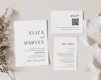 Minimalistische huwelijksuitnodigingssuite: moderne uitnodigingsset QR-code RSVP (bewerkbaar, afdrukbaar) ELIZA
