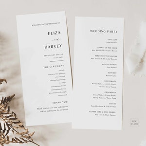 May include: Wedding ceremony programme featuring the names Eliza and Harvey, the date 26.08.2015, and the venue Bendooley Estate. The programme outlines the order of events for the ceremony, including the seating of the parents, the officiant's greetings, the reading, the exchanging of vows, the exchanging of rings, and the presentation of the couple. The programme also includes a thank you message to guests.