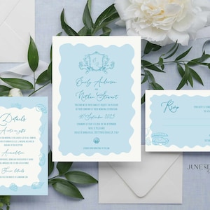 Plantilla de invitación de boda dibujada a mano con temática de playa oceánica, ilustración de concha con garabatos y cresta caprichosa, código QR de invitación, tarjeta RSVP de moda