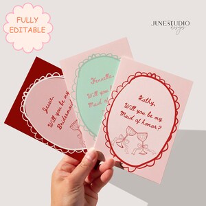 Hand drawn Bridesmaid Proposal Card Template Retro Champagne Bow Coquette Artsy Sketch Illustrated Pink Red Editable Unique Hand written