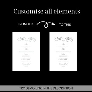 May include: Two images showing a customizable wedding bar menu template. The first image shows the template with the text "The Bar" in a cursive font. The second image shows the template with the text "The Bar" in a different cursive font.