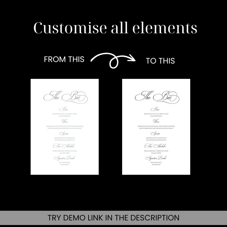 May include: Two images showing a customizable wedding bar menu template. The first image shows the template with the text "The Bar" in a cursive font. The second image shows the template with the text "The Bar" in a different cursive font.