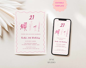 Hand-Drawn 21st Birthday Invitation Template: Whimsy Creative Artsy Milestone Birthday Invite Card (Digital Download, Editable)