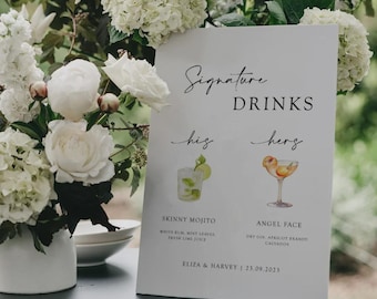 Modello di cartello per cocktail di nozze: bevande ad acquerello, cocktail per lui e per lei, menù del bar per matrimoni (modificabile, stampabile) ELIZA
