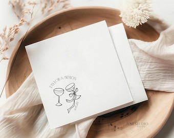 Cocktail Napkin Digital Template Old Money Hand-drawn Champagne Bow Illustration Editable Wedding Napkin Modern Vintage Inspired Printable
