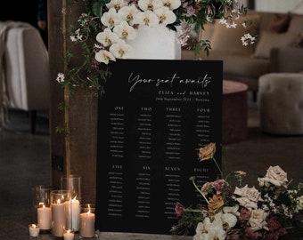 Black Wedding Seating Chart Template: Minimalist Modern Script Wedding Table Seating Plan (Editable Digital Download, Printable)