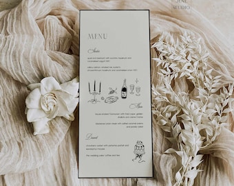 Old Money Wedding Menu Template: Artsy Retro Illustration Vintage Inspired Long Menu, 4x9 DL (Digital, Editable ) Eleanor