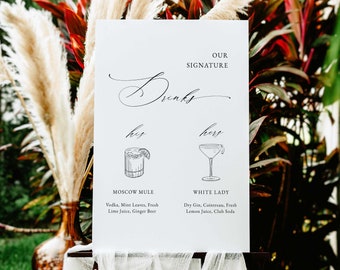 Minimalist Signature Drink Menu Digital Template with Cocktail illustrations Editable Bar Menu DIY Modern Wedding His and Her Drinks Board