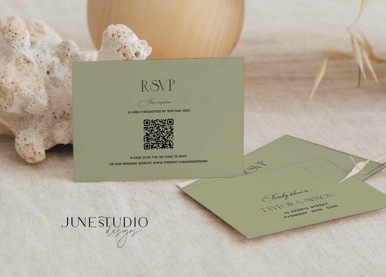 Conjunto de invitaciones de boda de estilo clásico: Conjunto de invitaciones de boda retro con código QR, confirmación de asistencia y diseño de torre de champán (plantilla digital, imprimible) Eleanor imagen 4