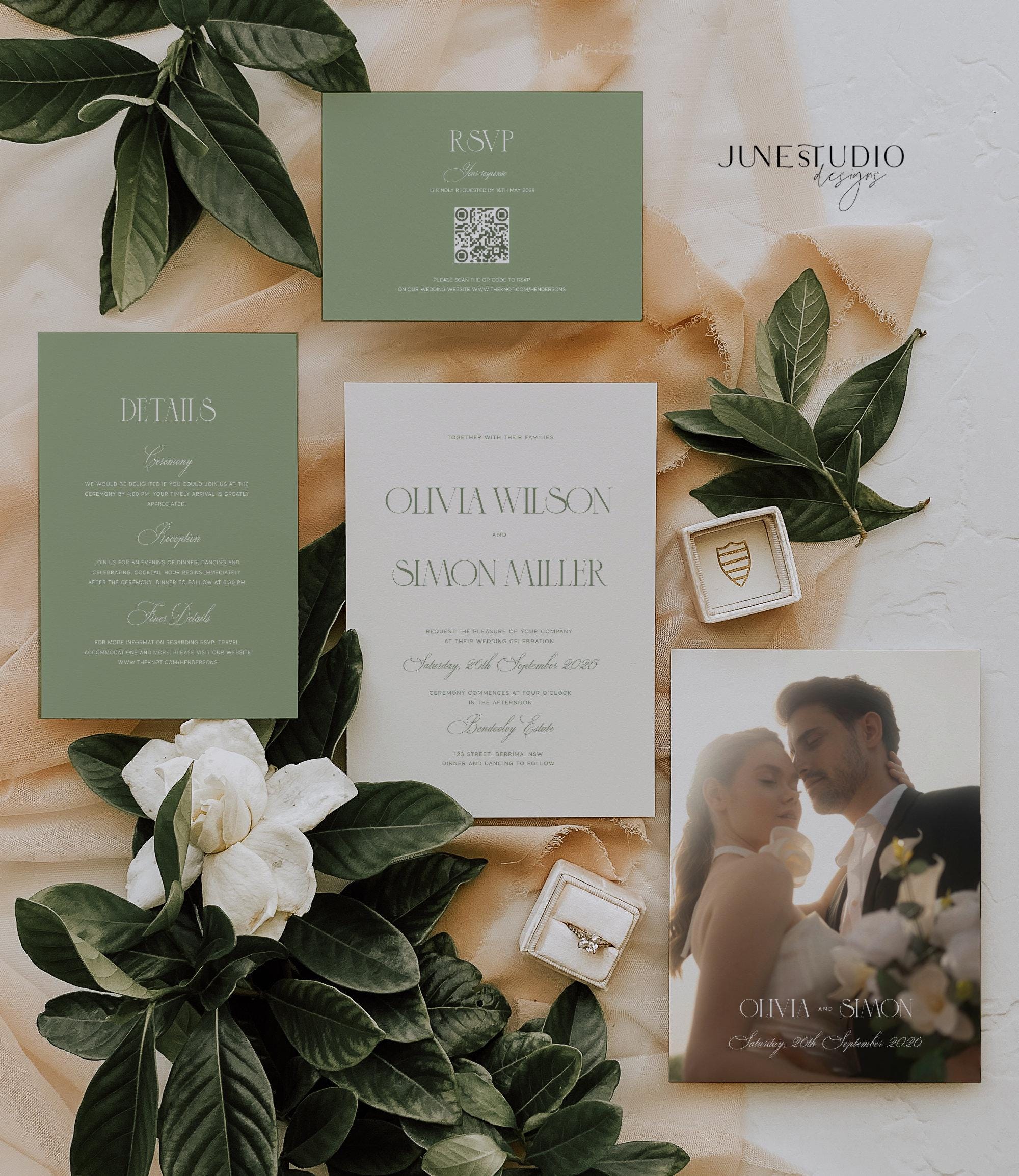 Elegant Sage Green Wedding Invitation Set: Photo Template (editable ...
