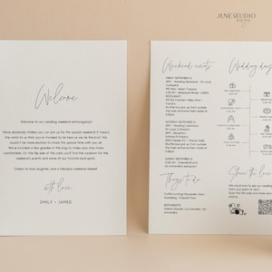 Note de remerciement Modèle de sac de bienvenue de mariage Personnalisable minimaliste week-end Détails de l'itinéraire Chronologie Infographie Marque-place pour invités