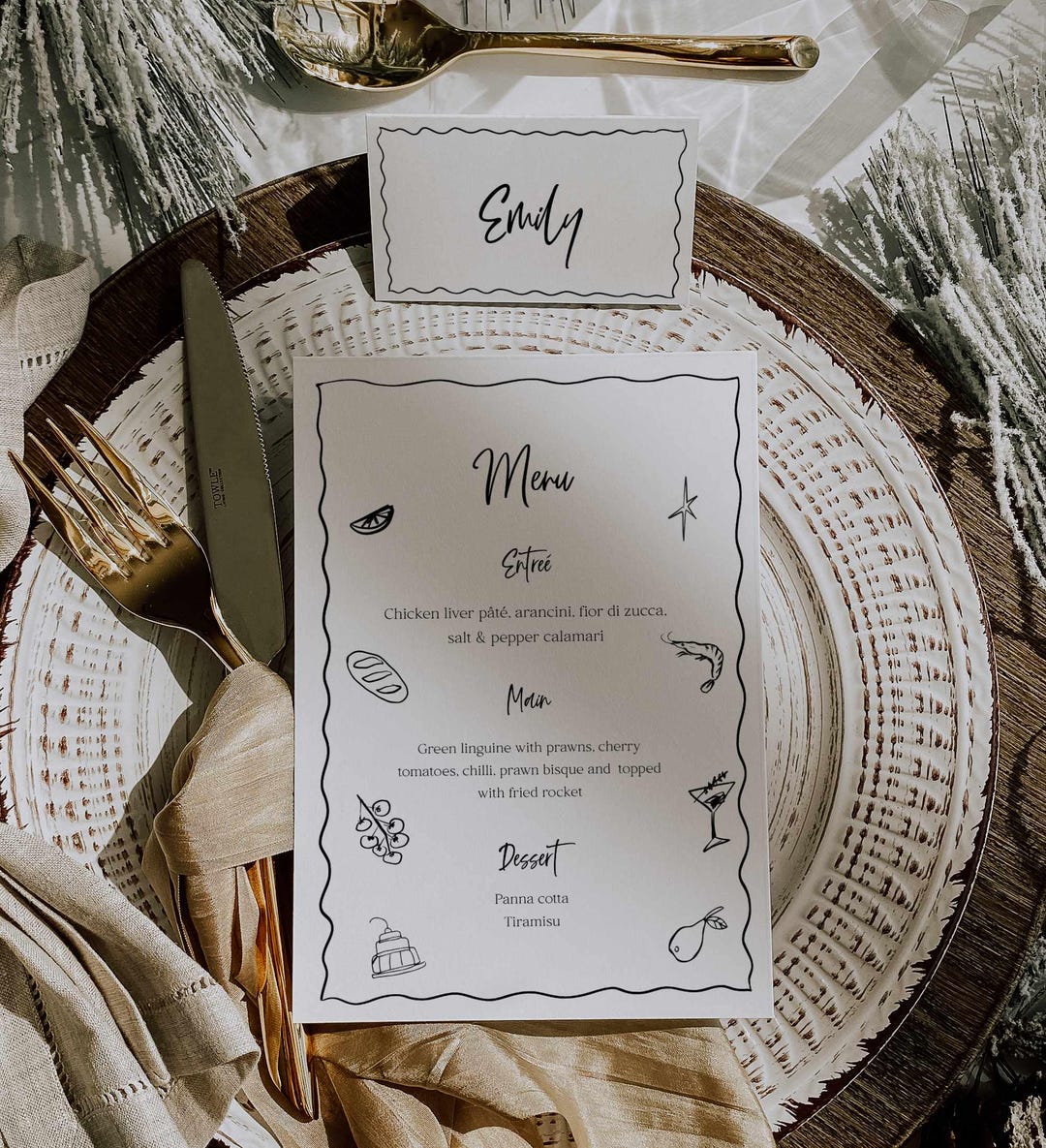 Hand-drawn Menu and Place Card Set: Food Sketch Wavy Hand-written ...