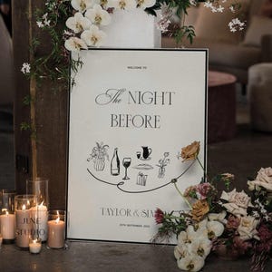 Illustrazione disegnata a mano del cartello di benvenuto per la cena di prova del matrimonio Modello di segnaletica della sera prima Modificabile Una notte via Vecchi soldi Retro anni '90