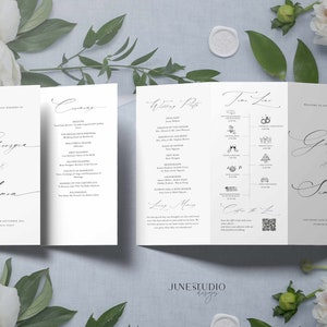Modèle de programme de mariage à trois volets Ligne du temps du mariage élégante et simple Programme à trois volets moderne Mariage catholique Programme juif de bienvenue pour le week-end