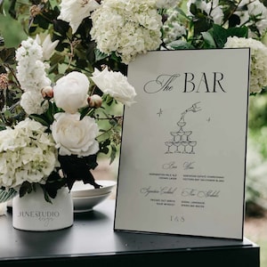 Modèle de signalisation de menu de bar de mariage Tour de champagne Menu des boissons dessiné à la main Fiançailles Open Bar signe Old Money Menu des boissons imprimable modifiable