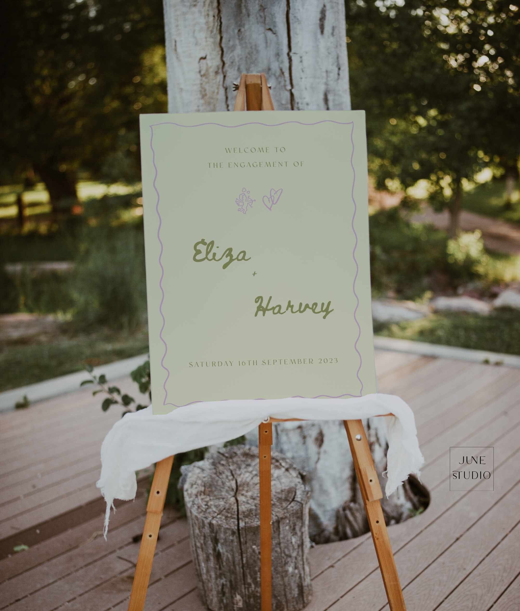 Hand-drawn Engagement Party Welcome Sign Digital Template Sage Green Whimsical Wavy We're engaged Welcome Sign Squiggle Artsy Editable