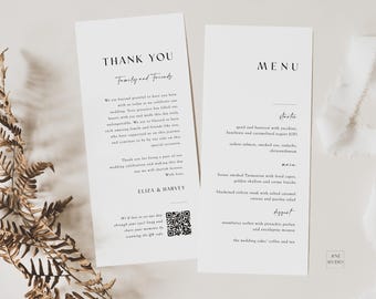 Modern Wedding Menu & Thank You Card with QR Code | Menu with Personalized Note, Place Setting (Digital Template)