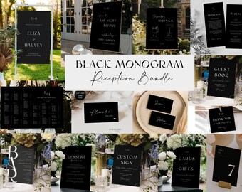 Black Day of Wedding Bundle, Reception Signage Bundle: Modern Monogram, Minimal (Editable Templates)