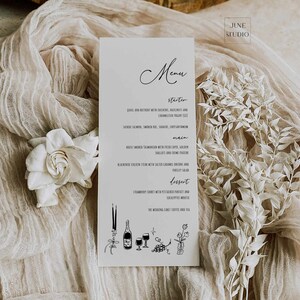 May include: A white menu card with black text listing the menu for a wedding reception. The menu includes starter, main, dessert, and the wedding cake, coffee, and tea. The card is decorated with simple black line drawings of candles, wine glasses, grapes, and a plant.