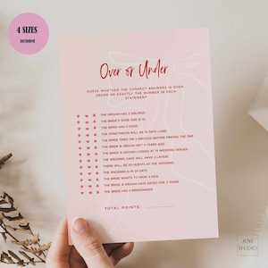 Bow Hens & Bridal Shower Party Game Card Template Onder of over roze rood Bachelorette Party Game Hand getrokken roze bewerkbare 5x7",8.8x11, A5,A4