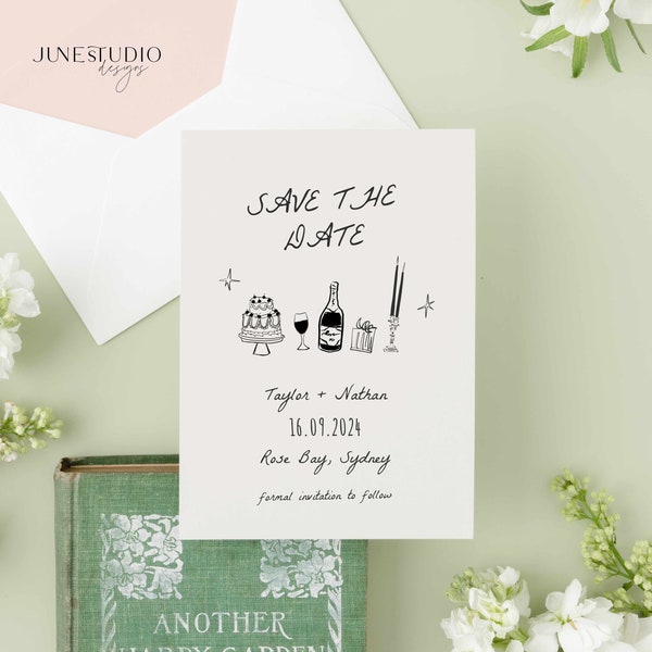 Save The Date Invitation Illustration Template Modern Retro Save Date Invitation Whimsical Hand drawn Save our date Wedding Invitation AUDR