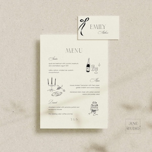 Bruiloftsmenu + plaatskaartsjabloon kunstzinnig vintage glamour oud geld retro geïnspireerd menu + naamkaartenset strik coquette funky diner illustratie