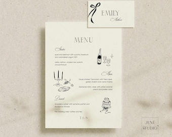 Old Money Wedding Menu & Place Card Set: Modern Retro Artsy Illustrated Menu Tent Folded Table Setting Card (Editable Template) Eleanor