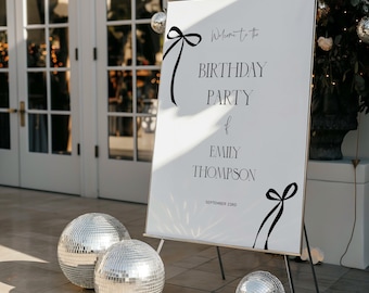 Black Bow Birthday Willkommensschild: Handgezeichnetes Schleifenband Coquette Decor (digitale, bearbeitbare Vorlage)