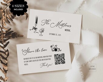 Plantilla de tarjeta con código QR para compartir fotos de boda: caprichosa y dibujada a mano (plantilla digital editable) Gretta
