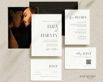 Wedding Invitation Suite with Photo Template, QR Code RSVP: Modern Chic Wedding Invite Bundle (Editable, Printable) KARLA