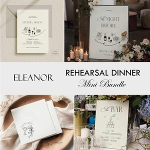 Pacchetto cena di prova di matrimonio Invito la sera prima + segnaletica di benvenuto + modelli di menu del bar Illustrazione artistica Old Money Retro anni '90
