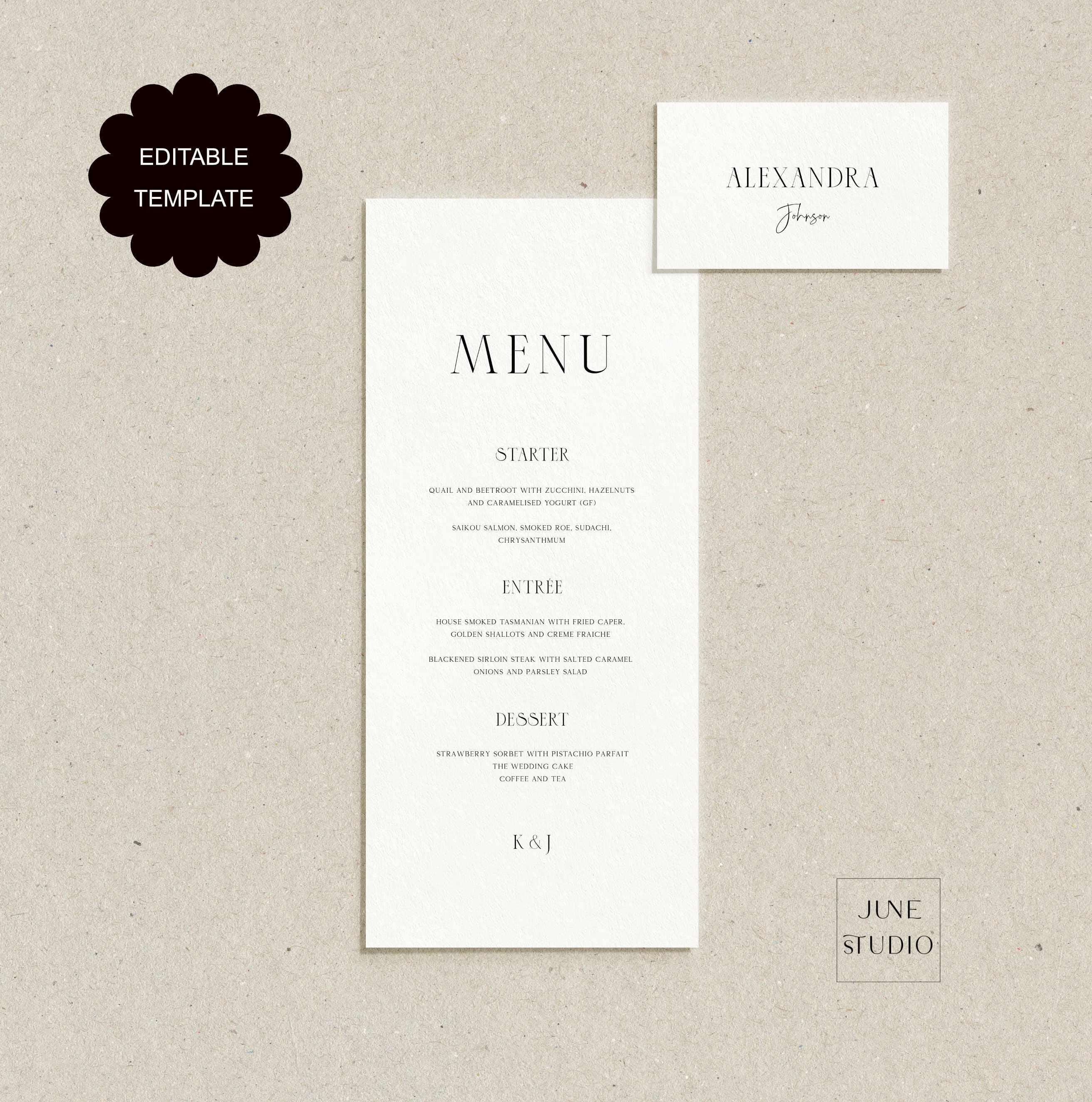 Elegant Wedding Menu & Place Card Template: Modern Minimalist Guest ...