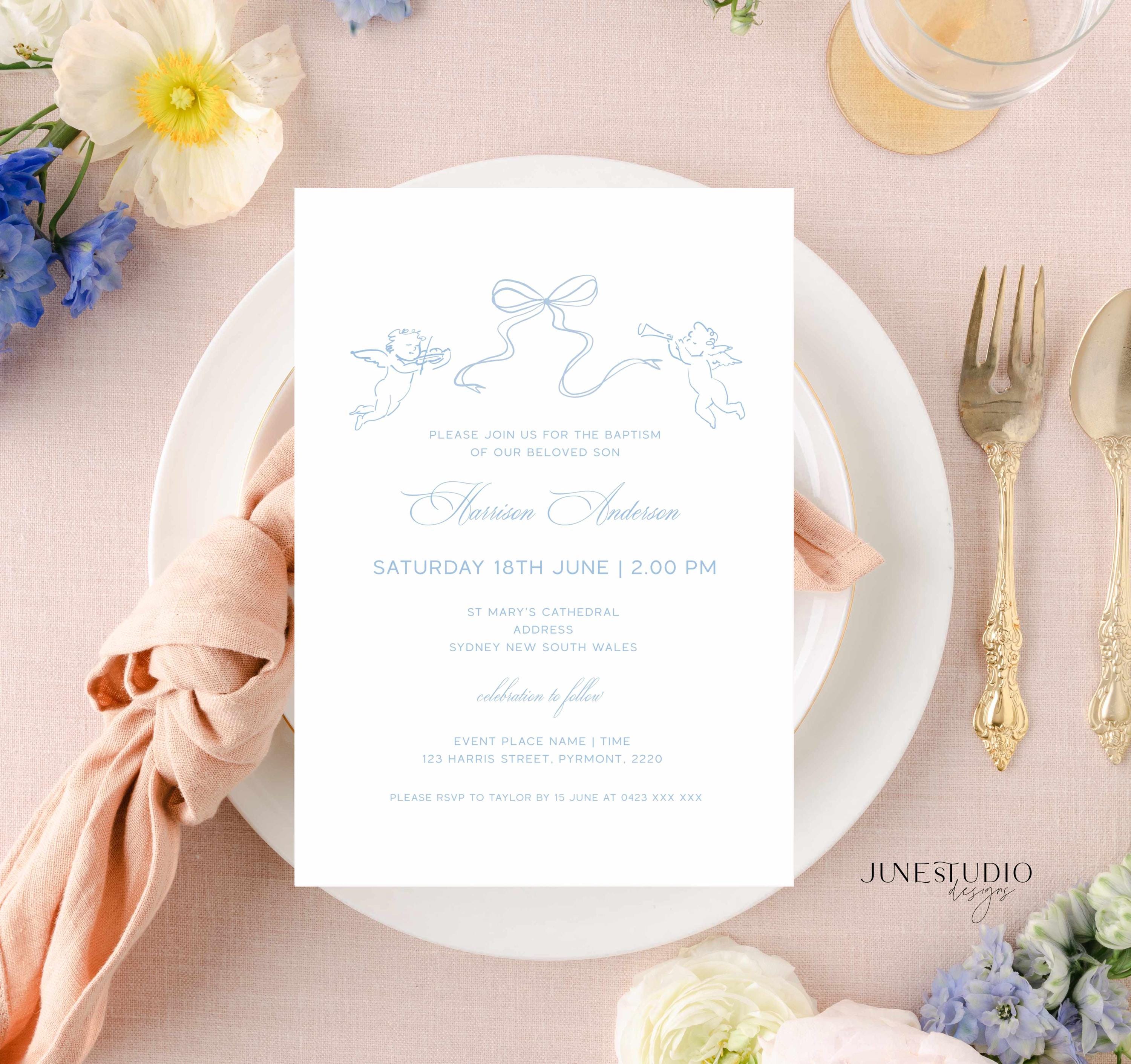 Hand-drawn Baptism Invitation Template Whimsical Blue Girl, Boy Christening Electronic Phone Message Invite Editable Cherub Bow Elegant