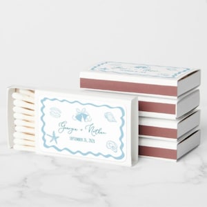 Seashells and Wedding Bell Matchbox Label Template Editable Hand-drawn Coastal Custom Ocean Wedding Favor Personalized Favour Gift For Guest