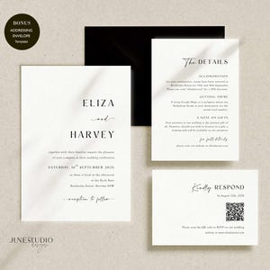 Minimalistische huwelijksuitnodigingbundel QR-code, minimale uitnodigingssjabloonset, moderne uitnodigingssuite, elegante online RSVP, details kaart ELIZA