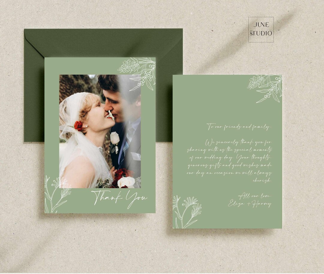 Sage Green Wedding Photo Thank You Card Template (editable, Digital ...