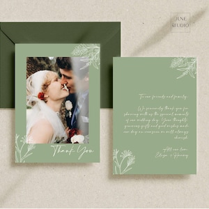 Modello di biglietto di ringraziamento per foto di matrimonio, modello verde salvia, biglietto di ringraziamento per matrimonio moderno modificabile con immagine stampabile, biglietto di ringraziamento personalizzato
