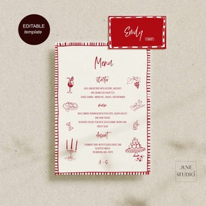 Wedding Menu + Place Card Set Template Artsy Hand drawn Italian Themed That's Amore Menu + Name Card Set Food Sketch Illustrated Meal Choice