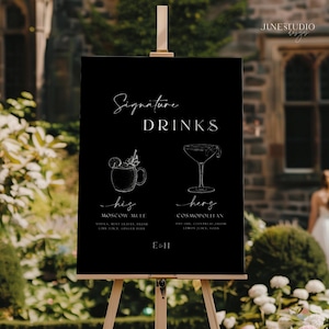 Custom Signature Drinks Sign Editable Template Black Wedding Bar Menu Monogram His and Hers Cocktail Customizable Wedding Couple Drinks Menu