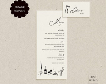 Hand-written Wedding Menu & Place Card Set, Vintage French Inspired Illustrated Table Seating ( Digital Template, Customizable) GRETTA