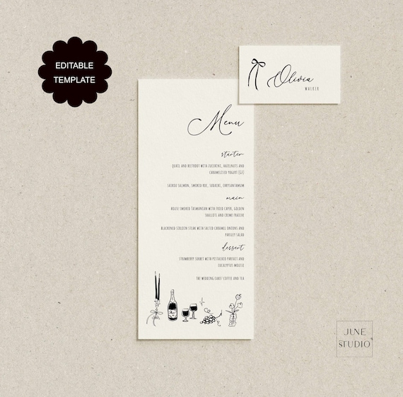 Vintage Glam Wedding Menu & Place Card Template (Digital Download) GRETTA