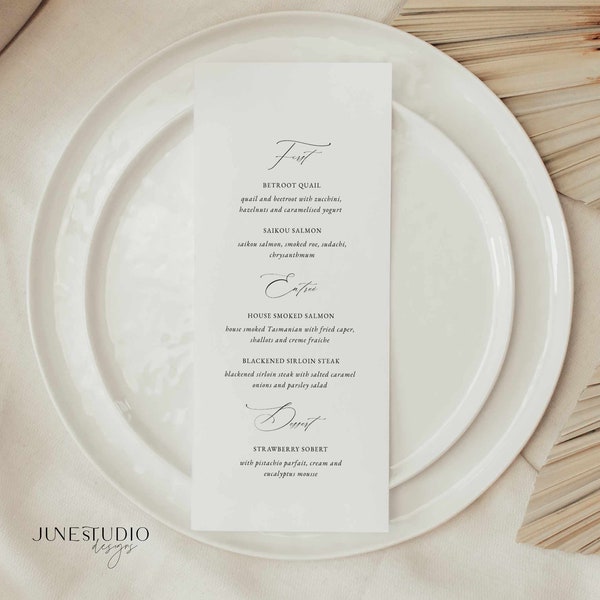 Elegant Wedding Menu Card Template Custom Modern Script Calligraphy Classy Simple Engagement Party Menu Rehearsal Dinner Menu Editable C1