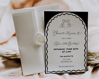 30th Birthday Invitation Template: Champagne Bows, Wavy Border (Digital Invite)
