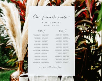 Könnte beinhalten: Ein weißes, rechteckiges Hochzeitssitzplan-Schild mit schwarzem Text, der Our favourite people, ELIZA & HARVEY, BERRIMA | 16.09.2023, table 1, table 2 und see you on the dance floor liest, auf einem Ständer mit weißem Stoff drapiert.