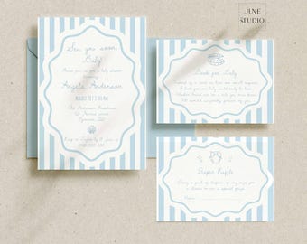 Sea You Soon Baby Shower Invitation Set: Sea Theme, Ocean Blue Stripes Hand-drawn Seashells (Digital Template, Editable)