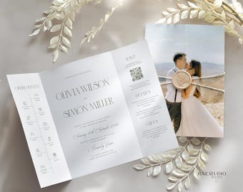 Sage Green Gatefold Wedding Invitation Template: Photo, Timeline, QR RSVP
