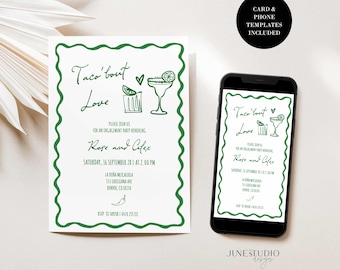 Invitación para fiesta de compromiso "Taco Bout Love Couple": Plantilla digital editable.