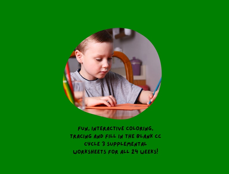 May include: A young child sits at a table, colouring on a sheet of orange paper with a blue crayon. The child is wearing a grey shirt. The image is captioned "FUN. INTERACTIVE COLOURING, TRACING AND FILL IN THE BLANK CC CYCLE 3 SUPPLEMENTAL WORKSHEETS FOR ALL 24 WEEKS!"